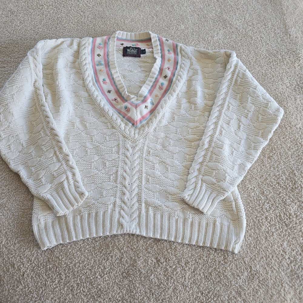 Vtg Woolrich Cable Knit V-neck Sweater Embroidered Floral Grandmacore Cricket M
